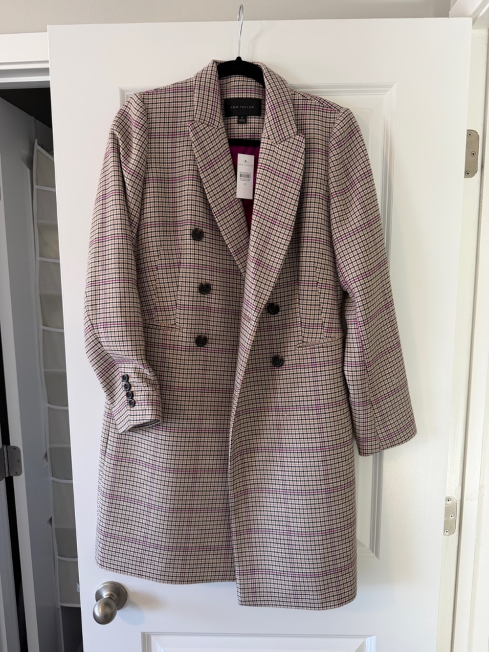Ann Taylor Double-Breasted Plaid Pea Coat in Cream and Pink